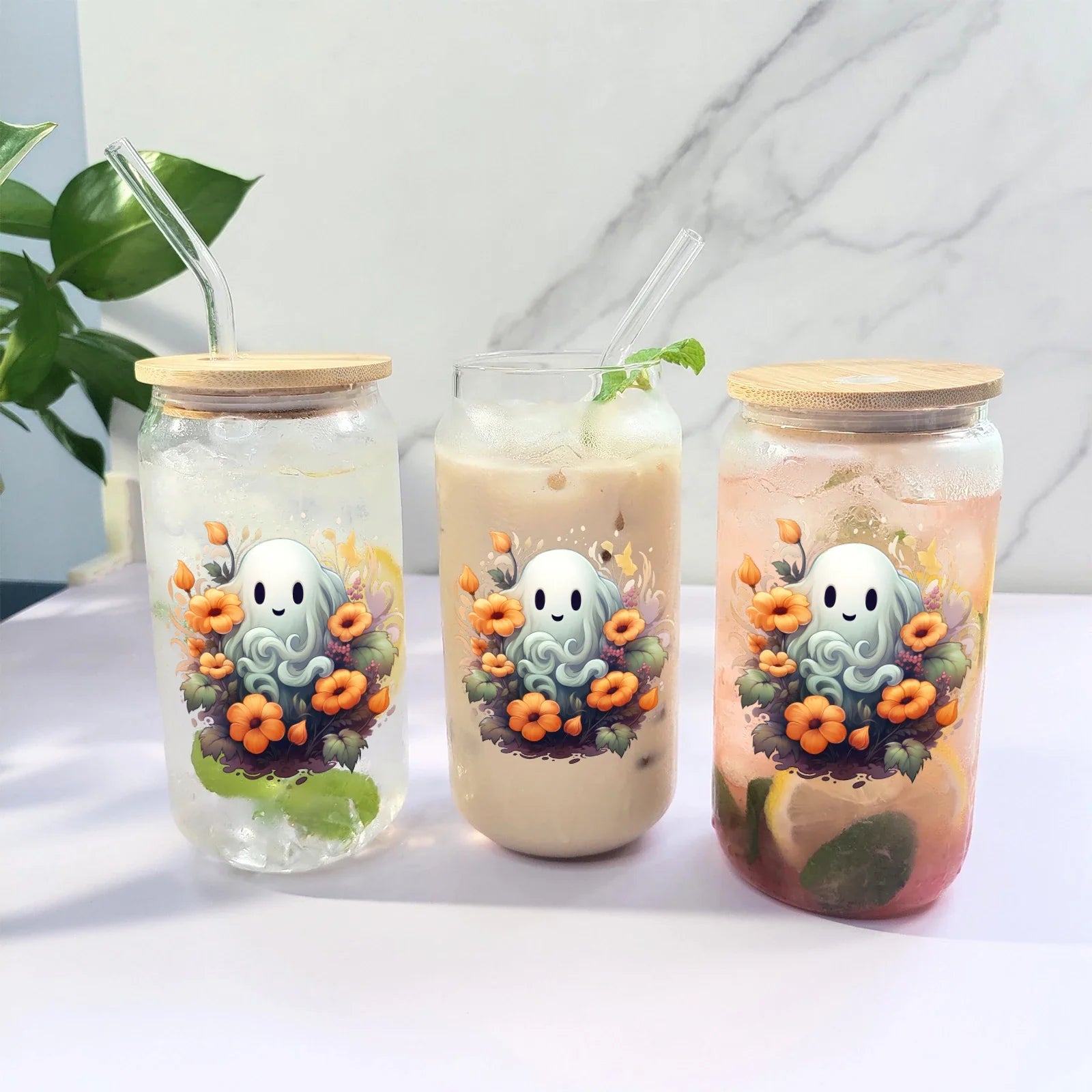 Cravinc 16oz Ghost In Flowers Glass Cup With Bamboo Lid & Straw