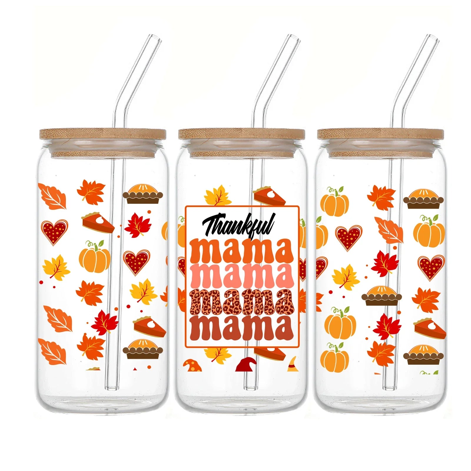 Cravinc 16oz Printed Glass Tumbler with Lid & Straw - Perfect Mother's Day & Thanksgiving Gift