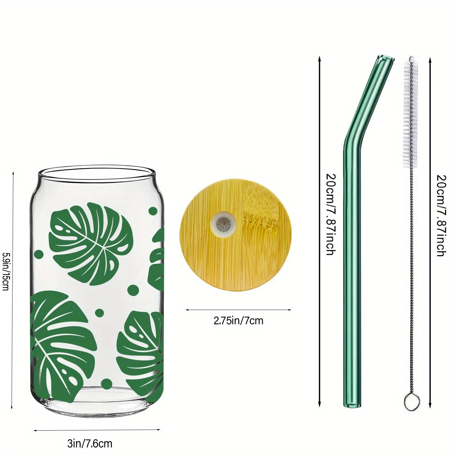 Cravinc 16oz Monstera Leaf Drinking Glass Set with Bamboo Lid and Straw, Perfect for Summerrowsing_office