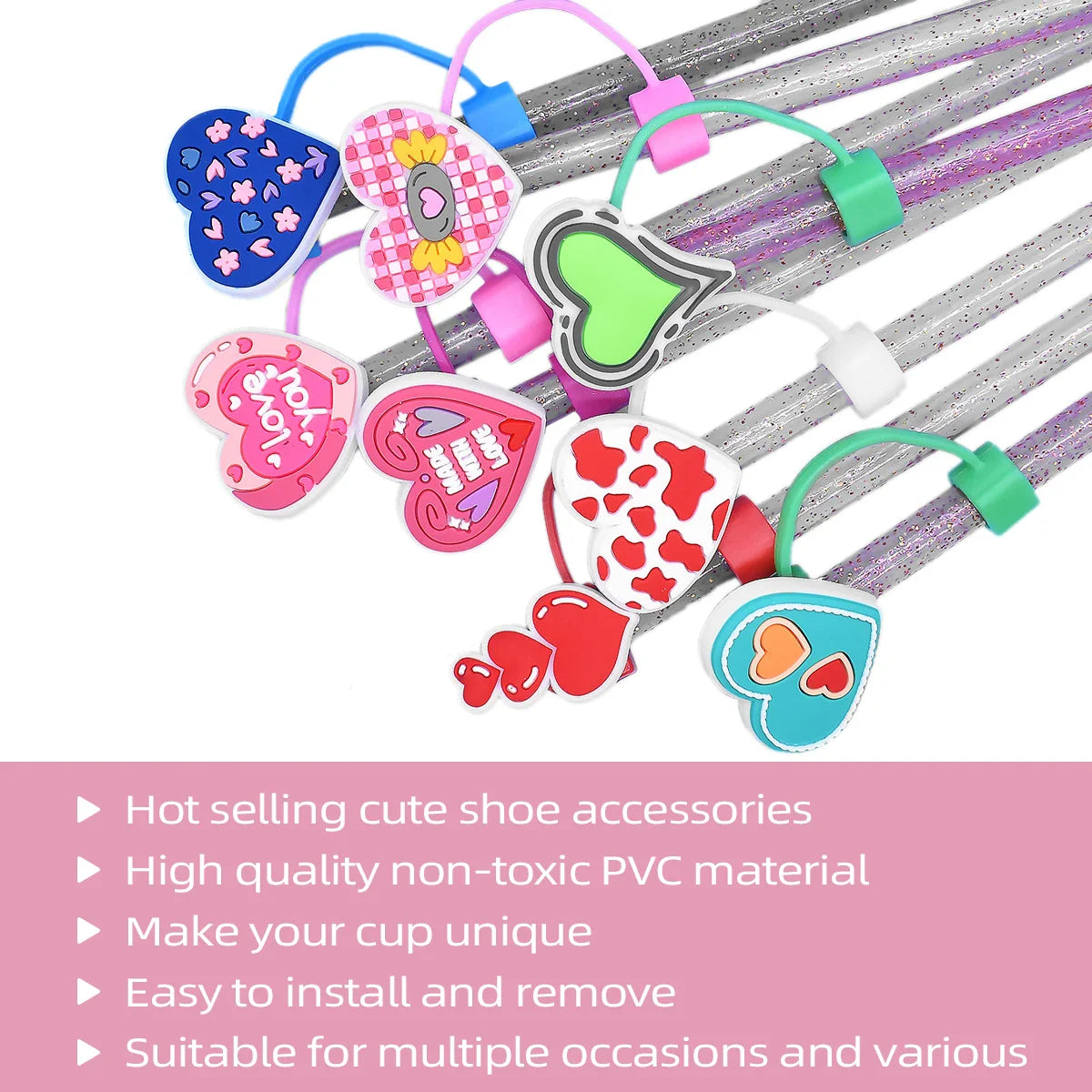 Cravinc 10pcs Valentine's Silicone Straw Cover Set for 10mm Straws