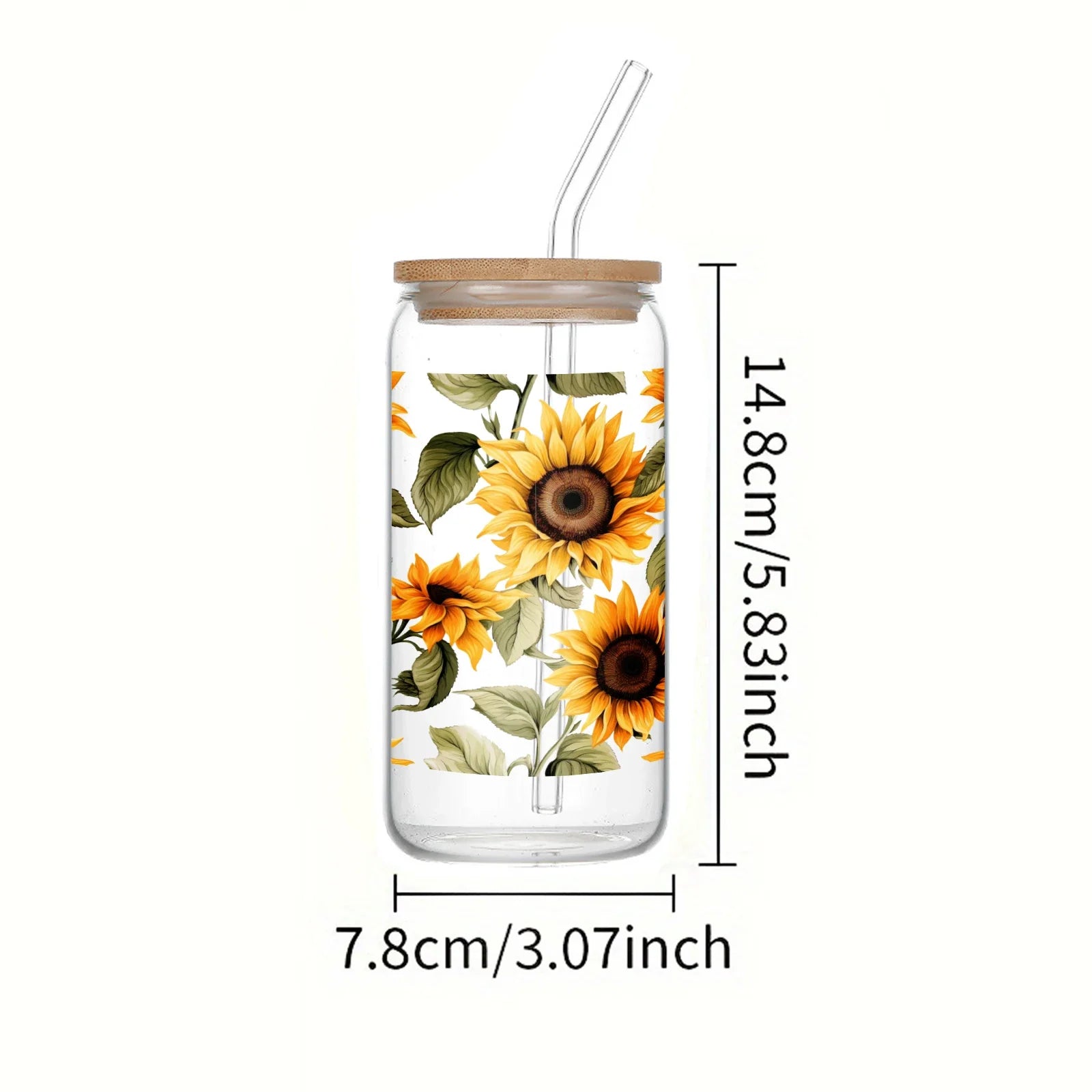 Cravinc 16oz Sunflower Pattern Glass Mason Jar with Bamboo Lid & Straw