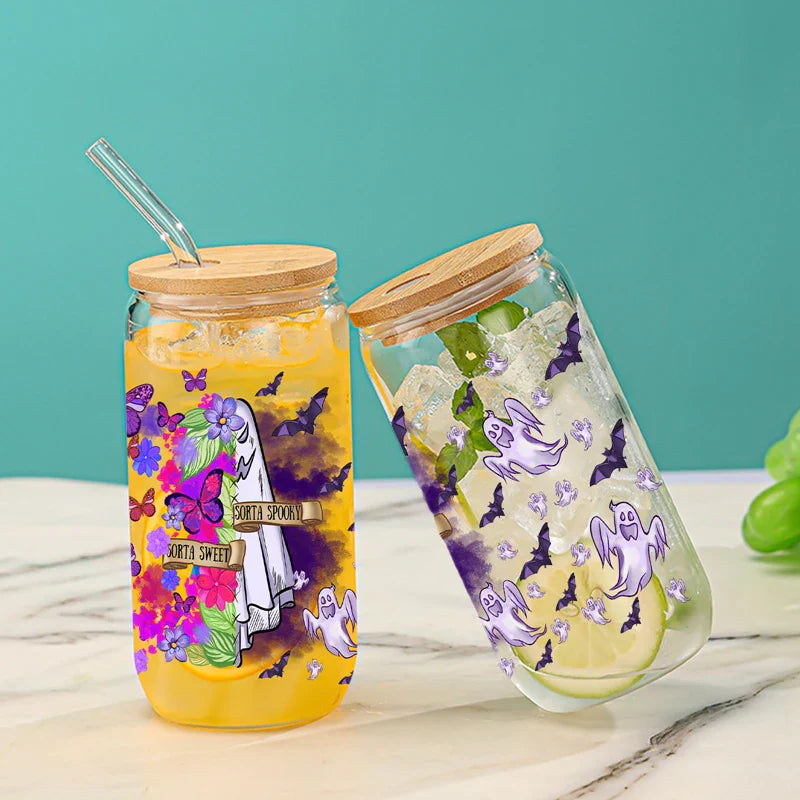 Cravinc 16oz Purple Butterfly Bat Glass Water Bottle with Bamboo Lid & Straw