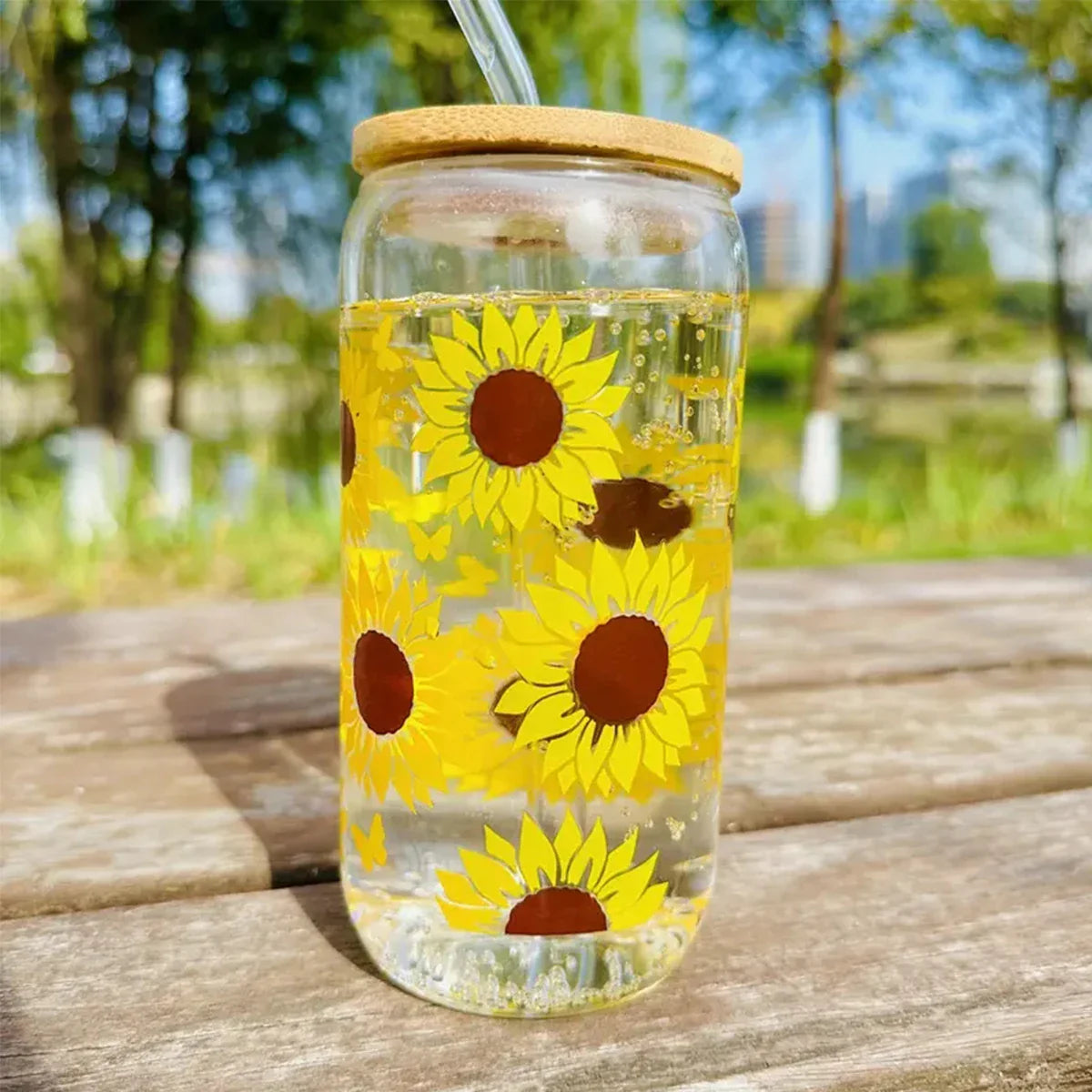 Cravinc 16oz Sunflower Butterfly Glass Tumbler: Summer Gift for Juice, Tea, or Water