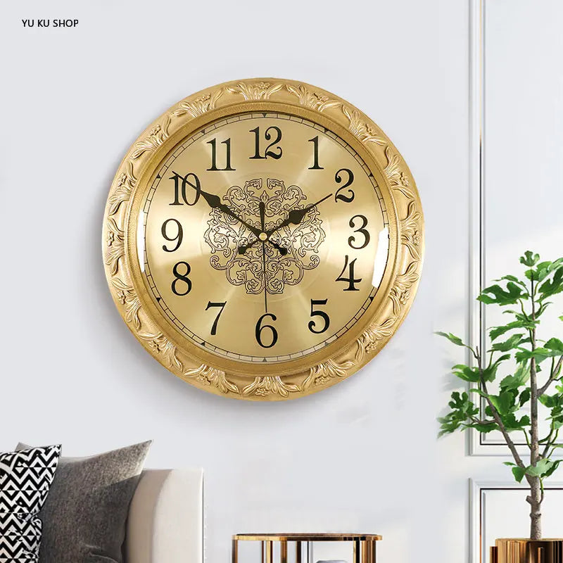 Brass Wall Clock with Relief Design - Cravinc Luxury American Style Home Decor