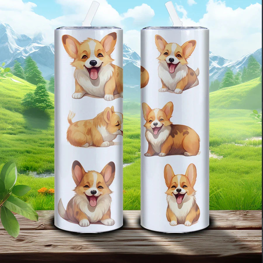 3D Corgi Puppy Stainless Steel Water Bottle with Lid and Straw by Cravinc – Cute and Durable!