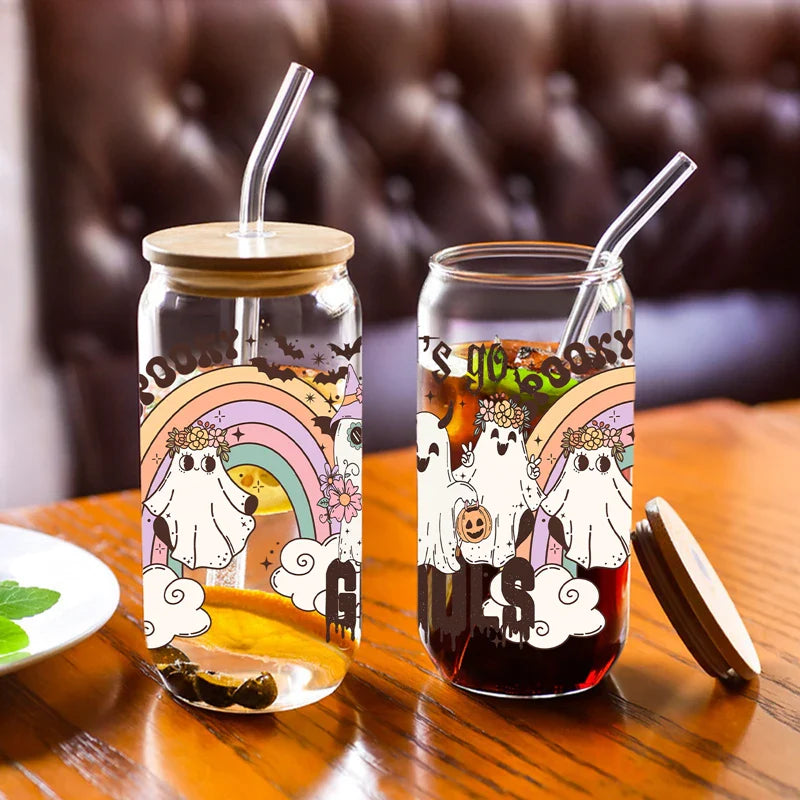 Cravinc 16oz Rainbow Ghost Glass Cup With Bamboo Lid & Straw - Heat-Resistant Juice Coffee Glass