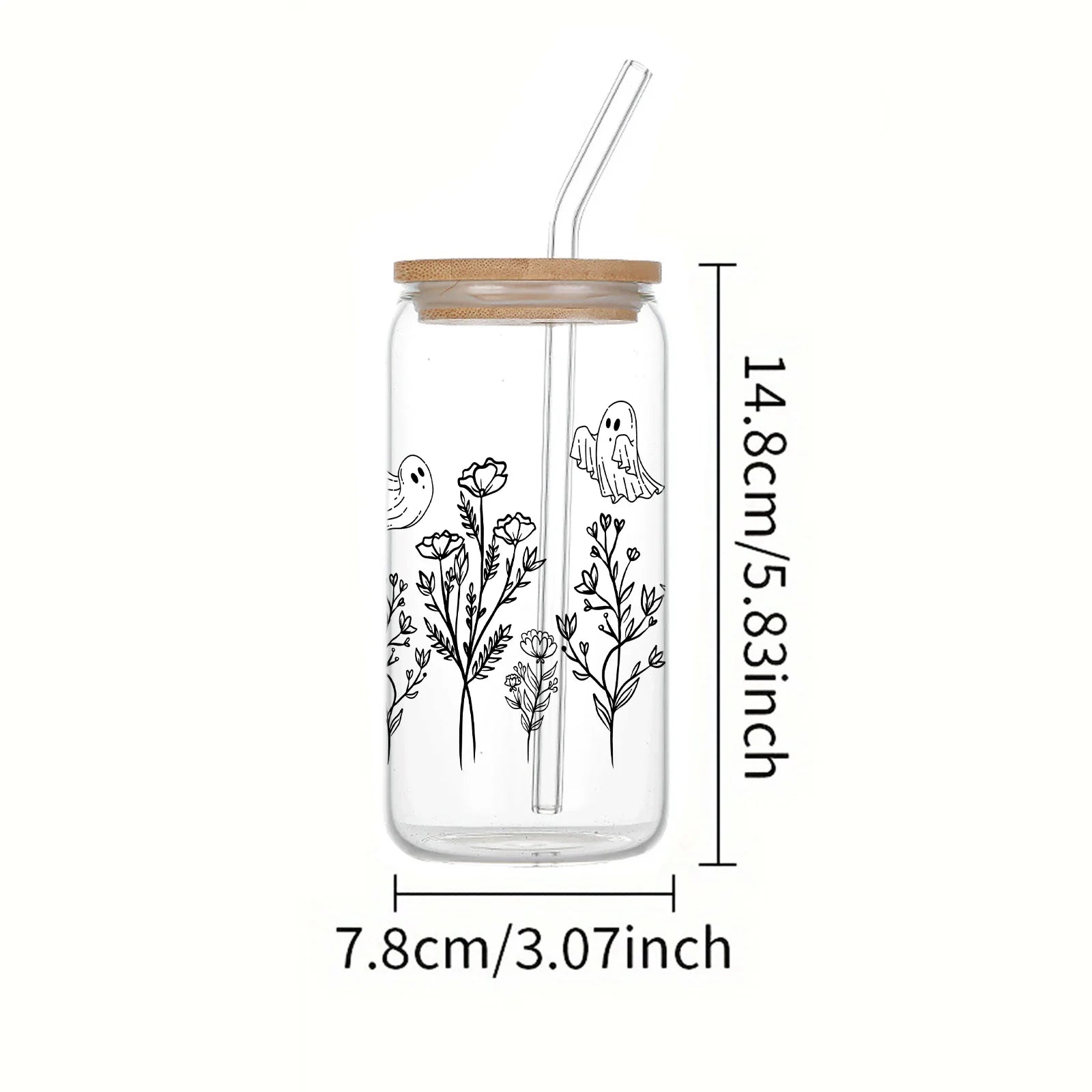 Cravinc 16oz Floral Ghost Glass Cup with Bamboo Lid & Straw for Halloween Gifts