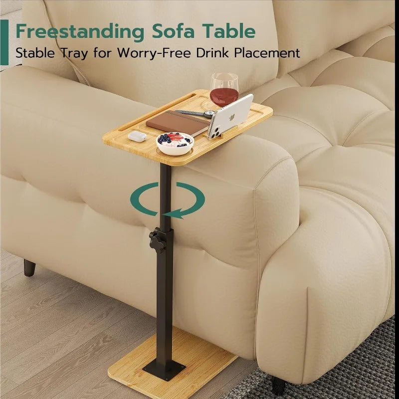 Bamboo C-Shaped End Table with 360° Rotating Phone Holder, Adjustable Height TV Trays