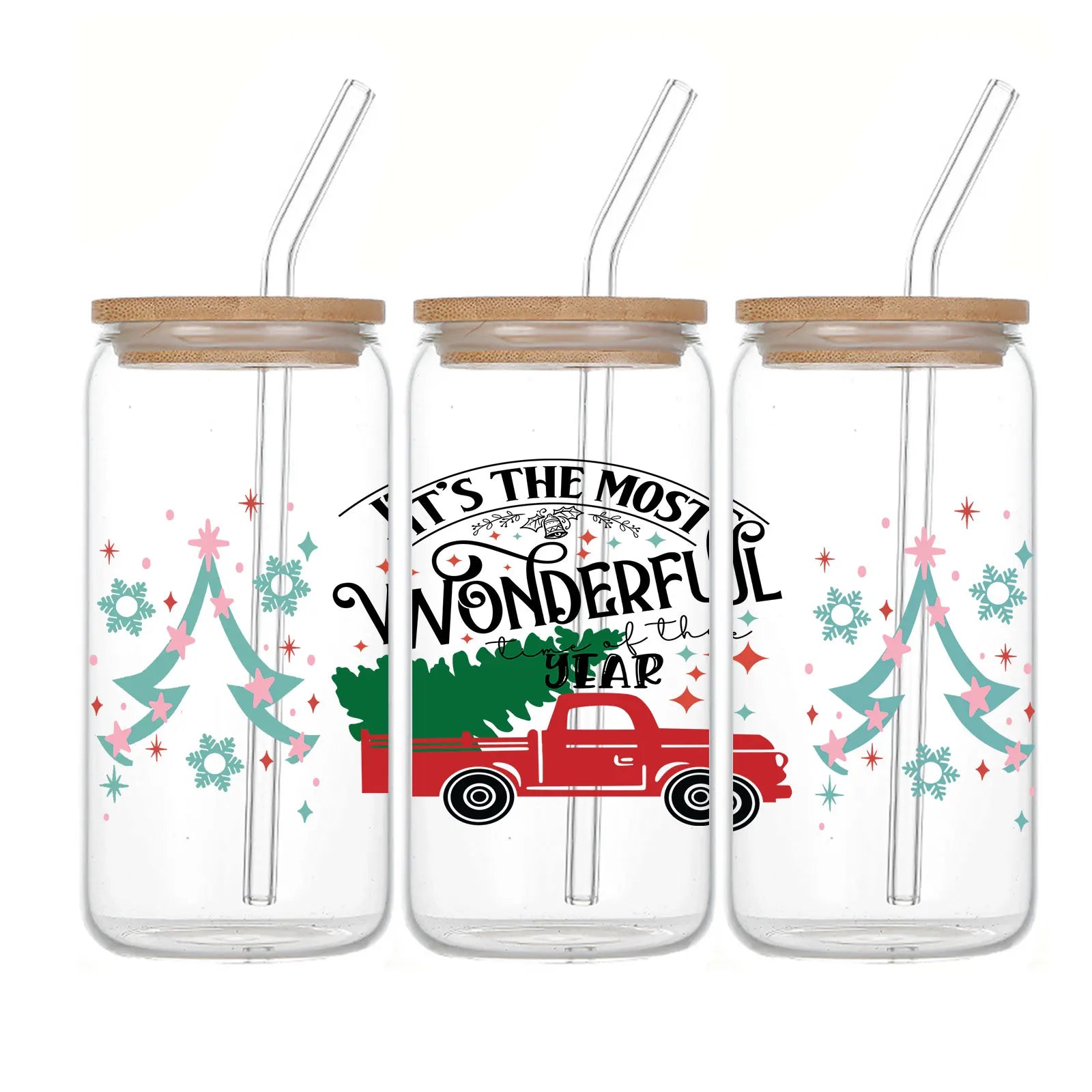 Cravinc 16oz Christmas Car Sublimation Glass Tumbler With Bamboo Lid & Straw