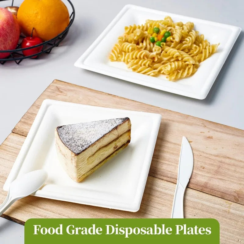 Cravinc 10" Compostable Square Paper Plates, Heavy Duty Biodegradable Disposable Plates