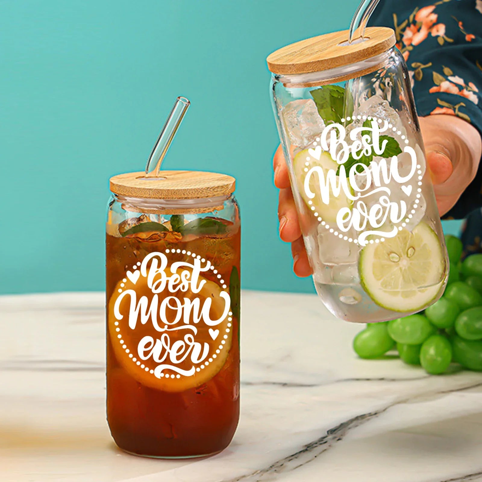 Cravinc 16oz Transparent Drinking Glass with Bamboo Lid & Custom Sticker