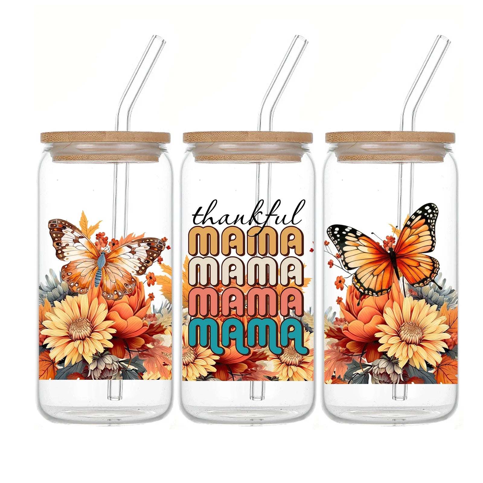 Cravinc 16oz Printed Glass Tumbler with Lid & Straw - Perfect Mother's Day & Thanksgiving Gift