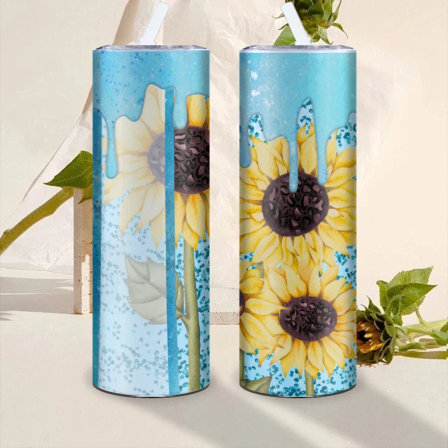 Blue Sunflower Shiny Sublimation Stainless Steel Tumbler by Cravinc