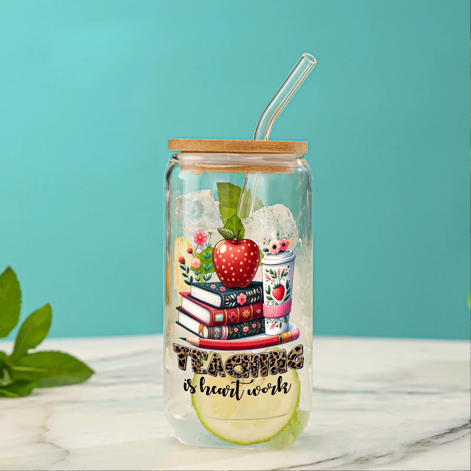 Cravinc 16oz High Borosilicate Glass Drinking Cup with Lid & Straw, Perfect Teacher's Day Gift