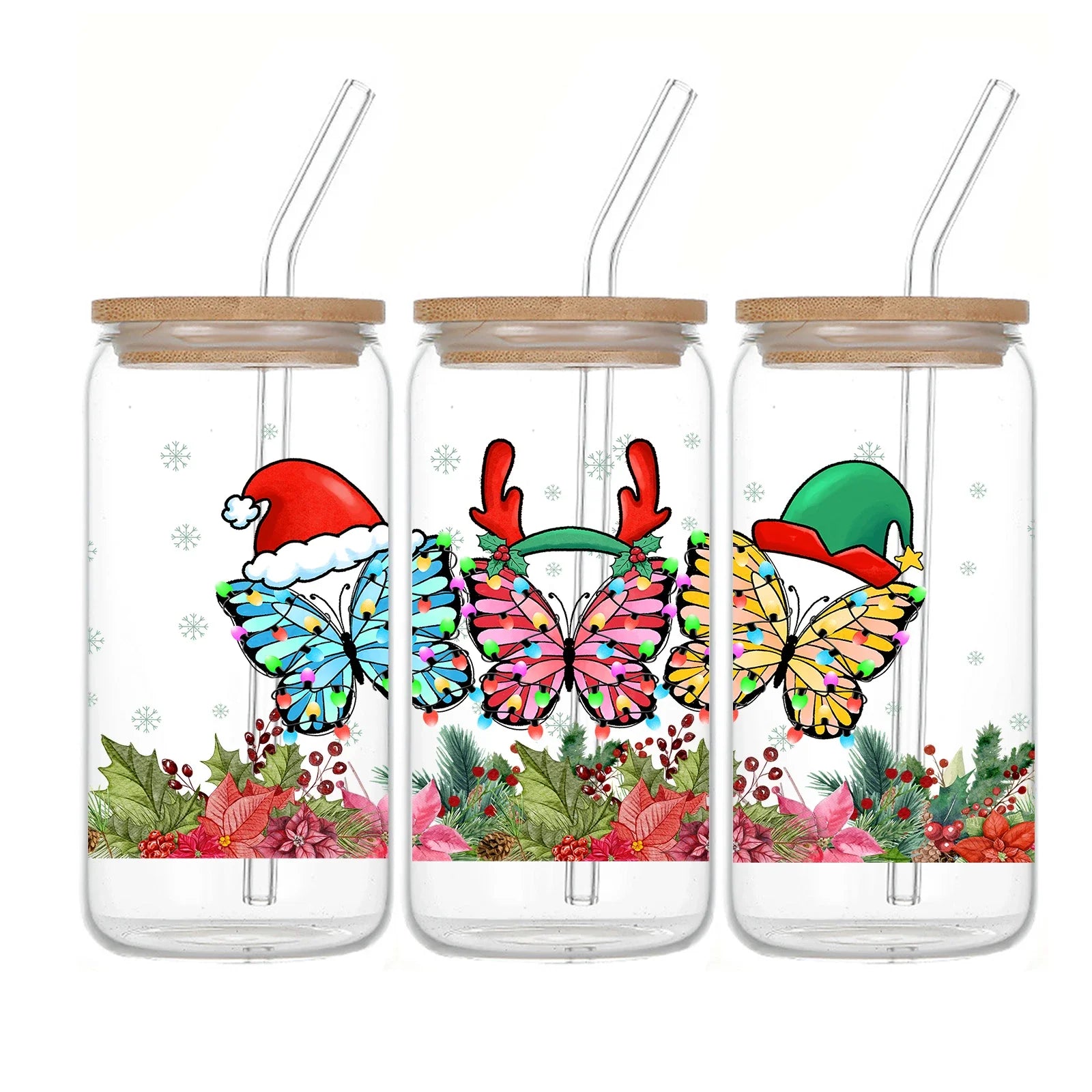 Cravinc 16oz Santa Elements Glass Can Wrap Cup Set With Bamboo Lid & Glass Straw