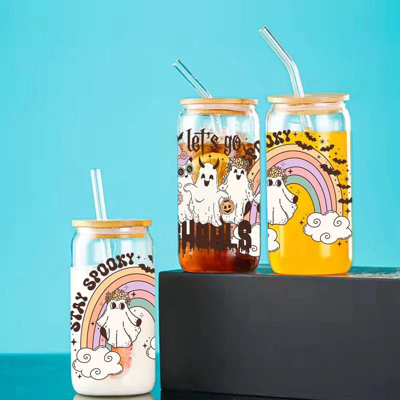 Cravinc 16oz Rainbow Ghost Glass Cup With Bamboo Lid & Straw - Heat-Resistant Juice Coffee Glass