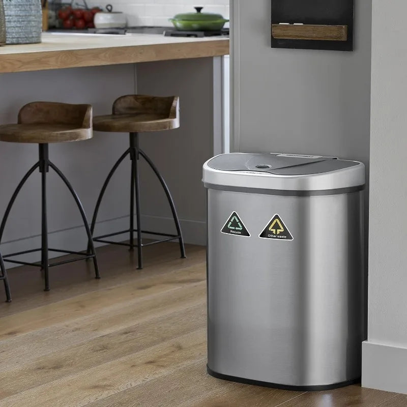 Cravinc 18 Gal Motion Sensor Trash Can/Recycler Silver/Black Stainless Base