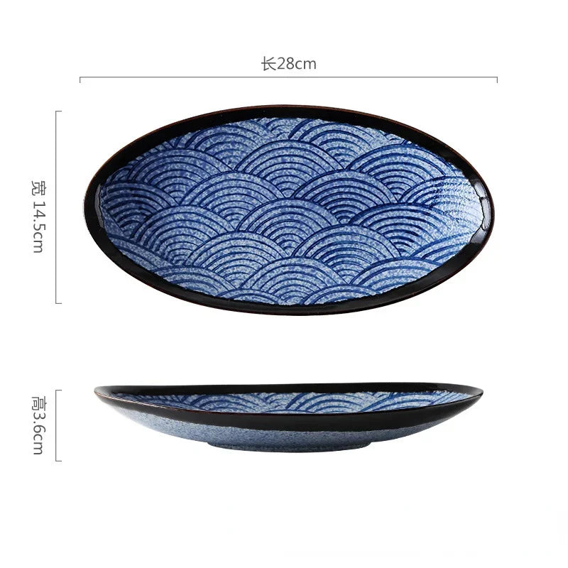 Cravinc 11" Sea Ripple Ceramic Fish Dish - Oval Porcelain Plate for Serving Fish & Salad