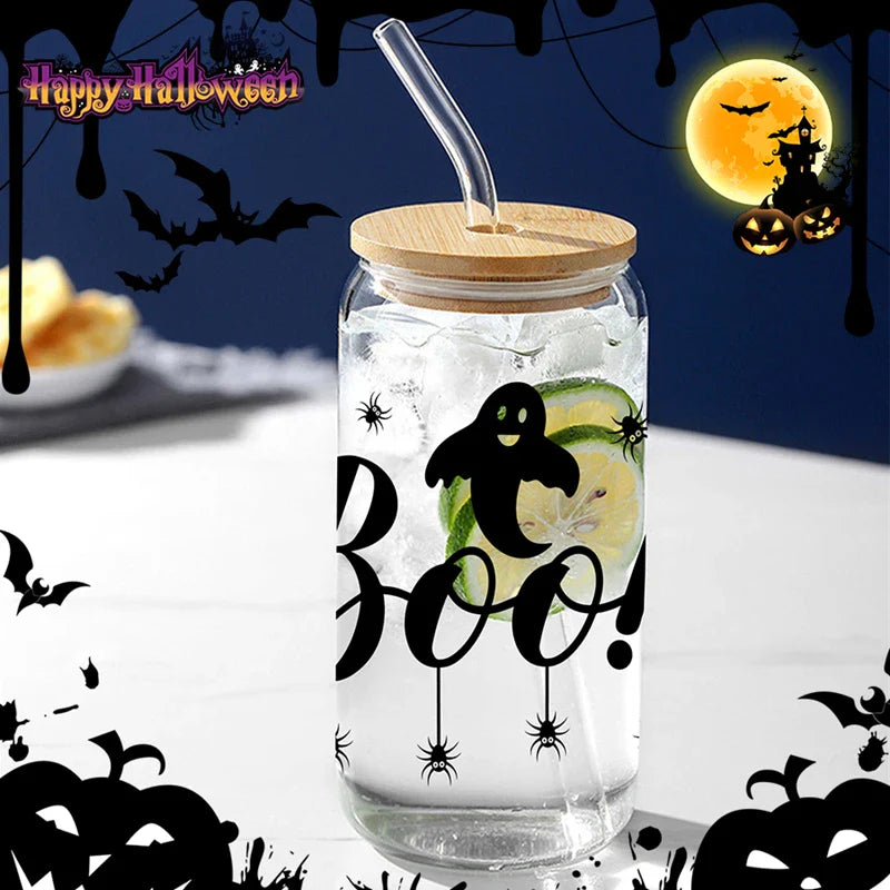 Cravinc 16oz Spider Web Glass Cup with Bamboo Lid & Straw for Halloween Gifts