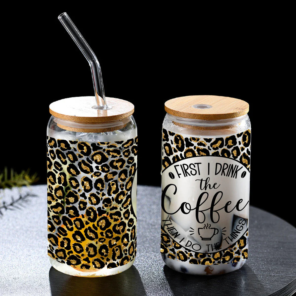 Cravinc 16oz Leopard Print Glass Bottle with Bamboo Lid & Straw - Summer Drinkware