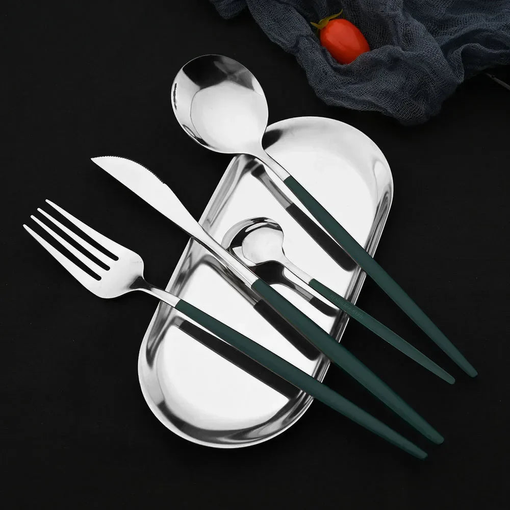 Cravinc 16-Piece Green Silver Stainless Steel Cutlery Set for Dining & Kitchen