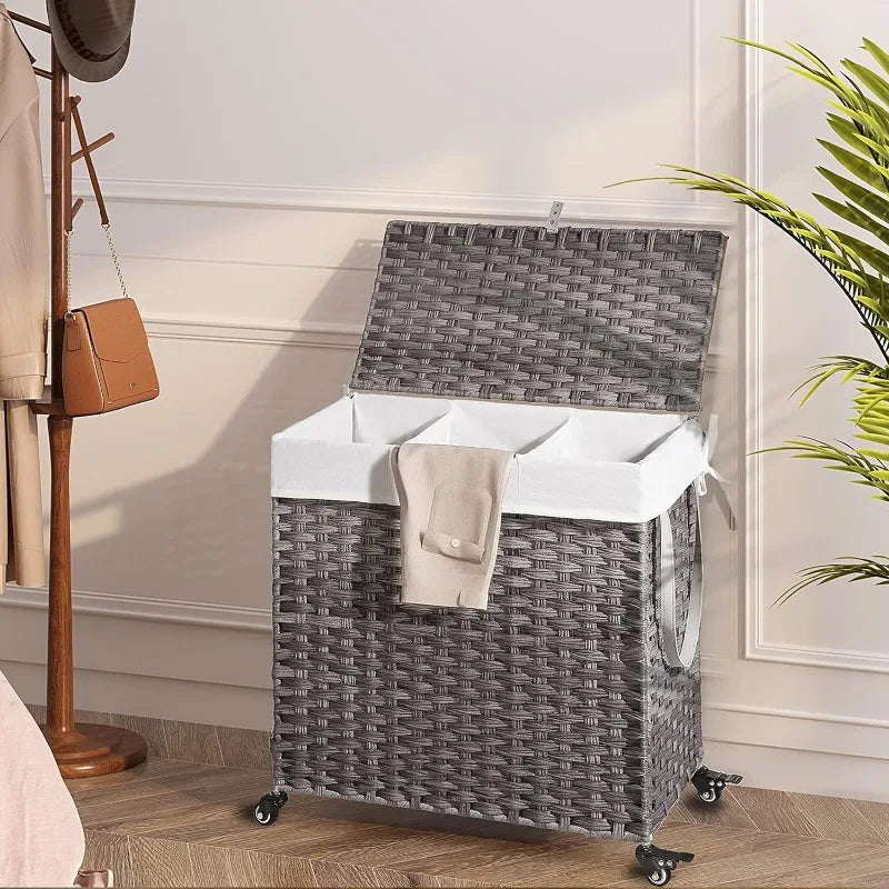 Cravinc 125L Large 3-Section Laundry Hamper with Wheels, Lid, and Removable Liner Bags