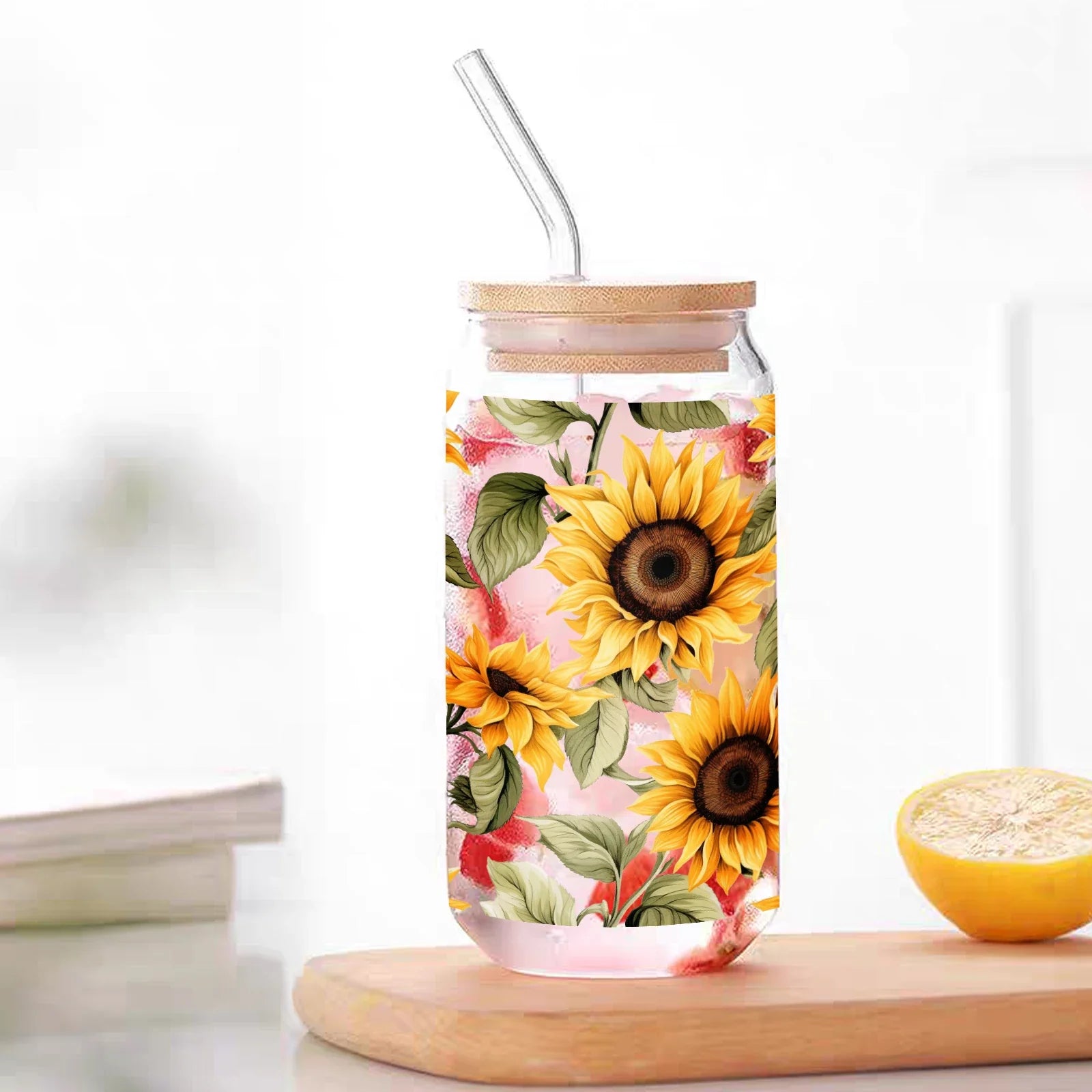 Cravinc 16oz Sunflower Pattern Glass Mason Jar with Bamboo Lid & Straw