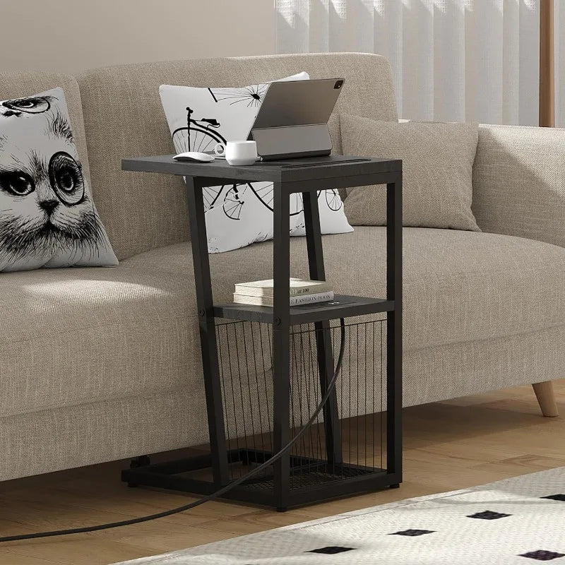 C-Shaped End Table with Charging Station, Phone Holder, 2 USB Ports and Power Outlets by Cravinc