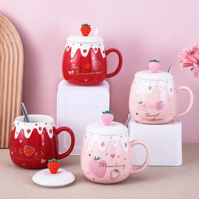 450ml Cravinc Strawberry Ceramic Cup with Lid & Spoon - Cute Gift, Easy to Clean