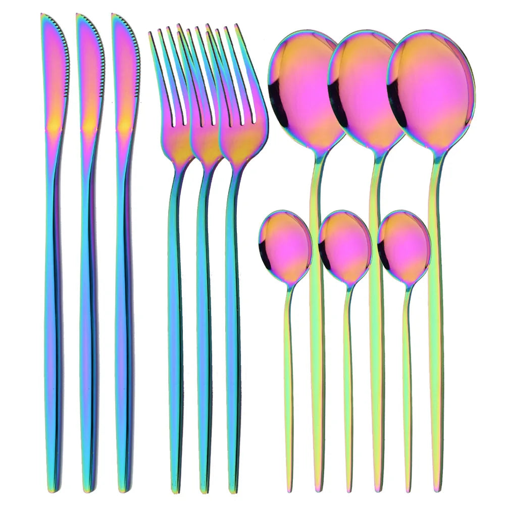 Cravinc 12Pcs Rainbow Silverware Cutlery Set Stainless Steel Luxury Flatware Fork Spoon Knife