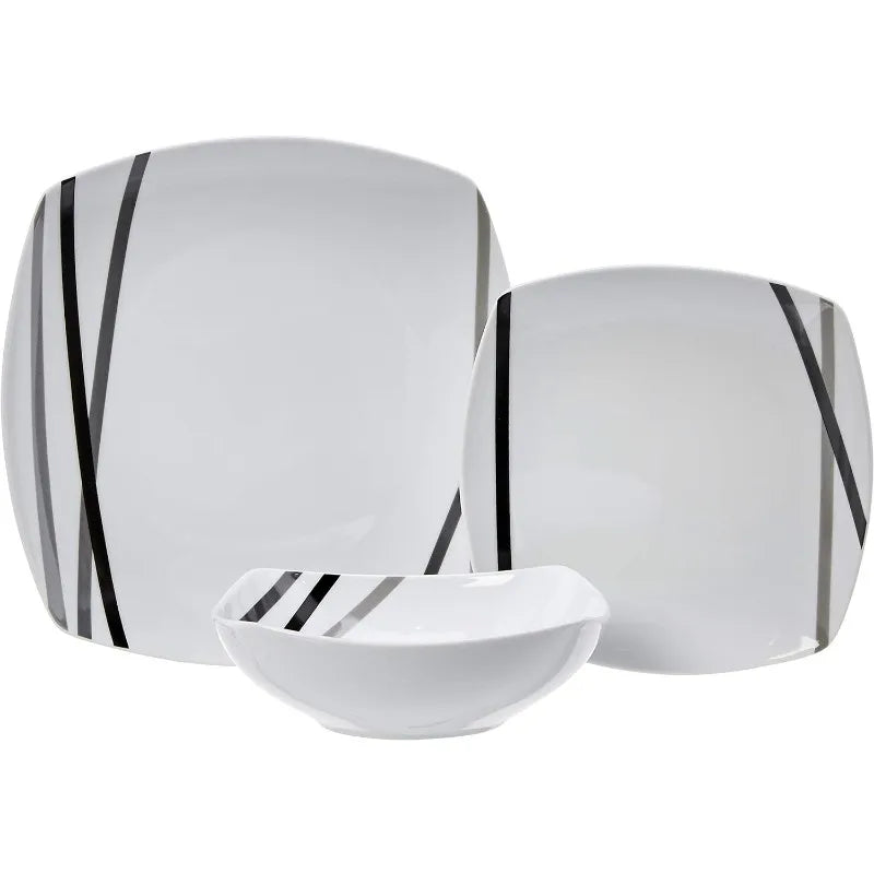 Cravinc 18-Piece Modern Beams Dinnerware Set - Service for 6 - Square Plates and Bowls