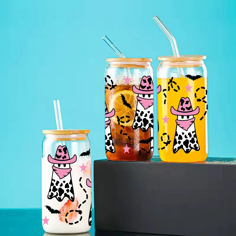 Cravinc 16oz Cow Ghost Glass Cup With Bamboo Lid & Straw - Heat-Resistant Juice Coffee Glass