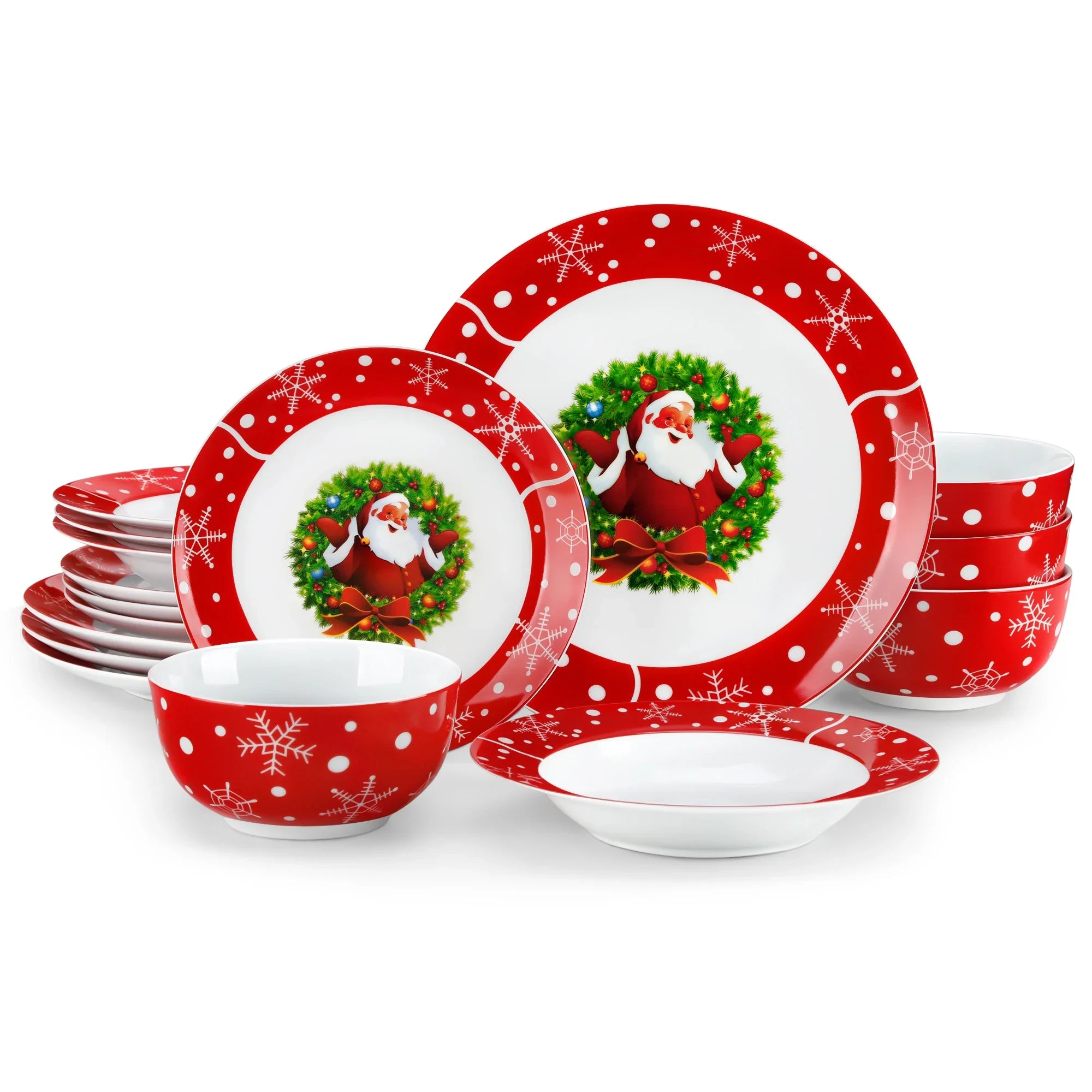 Cravinc 16/32 Piece SantaClaus Dinner Set for 4/8 with Plates, Bowls & Tableware