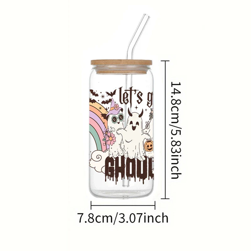 Cravinc 16oz Rainbow Ghost Glass Cup With Bamboo Lid & Straw - Heat-Resistant Juice Coffee Glass