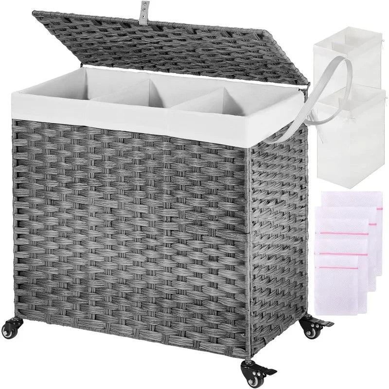 Cravinc 125L Large 3-Section Laundry Hamper with Wheels, Lid, and Removable Liner Bags