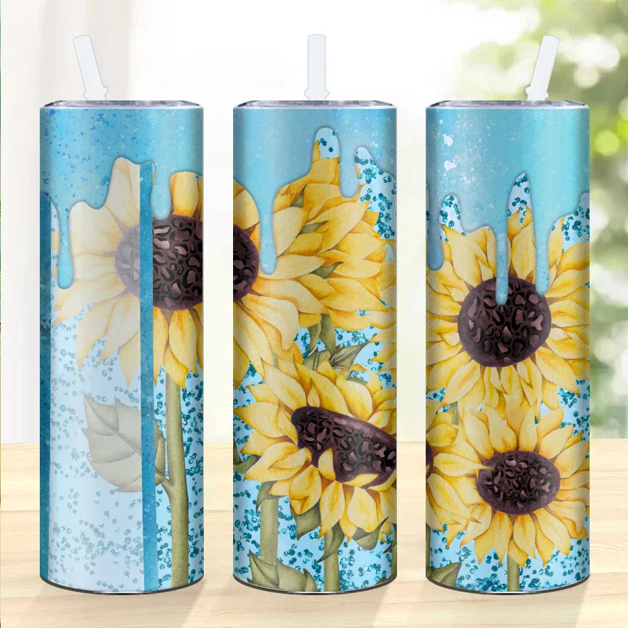 Blue Sunflower Shiny Sublimation Stainless Steel Tumbler by Cravinc