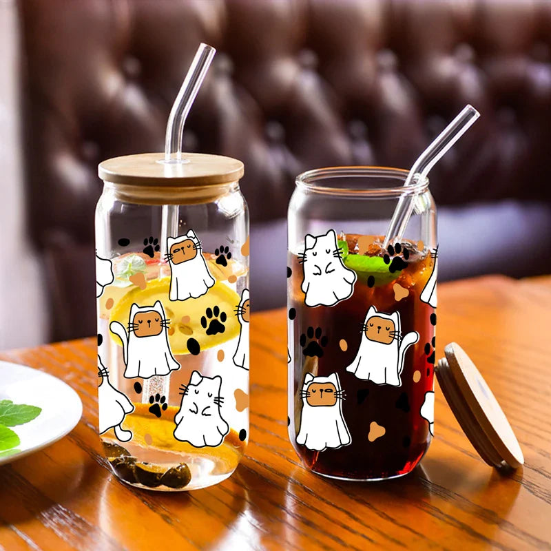 Cravinc 16oz Cute Cat Glass Mason Can with Bamboo Lid & Straw, Halloween Gifts