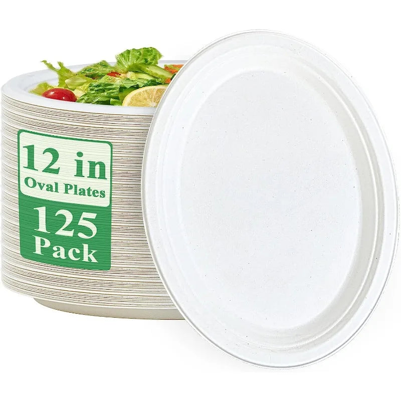 Cravinc 12 inch Oval Paper Plates 125 Pack - Super Strong & 100% Compostable