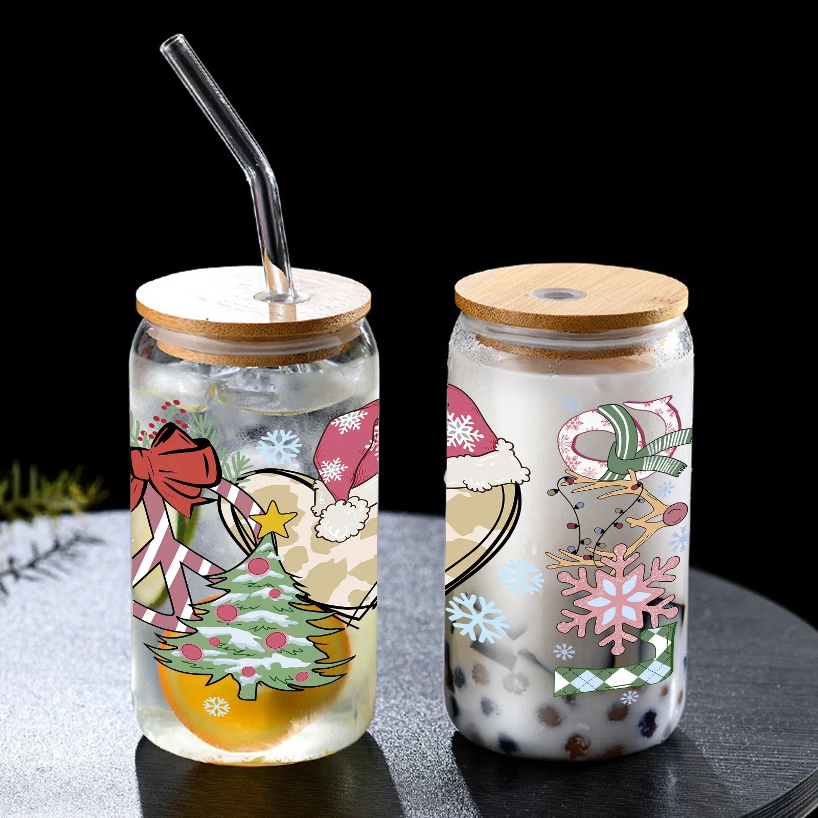 Cravinc 16oz Santa Elements Glass Can Wrap Cup Set With Bamboo Lid & Glass Straw