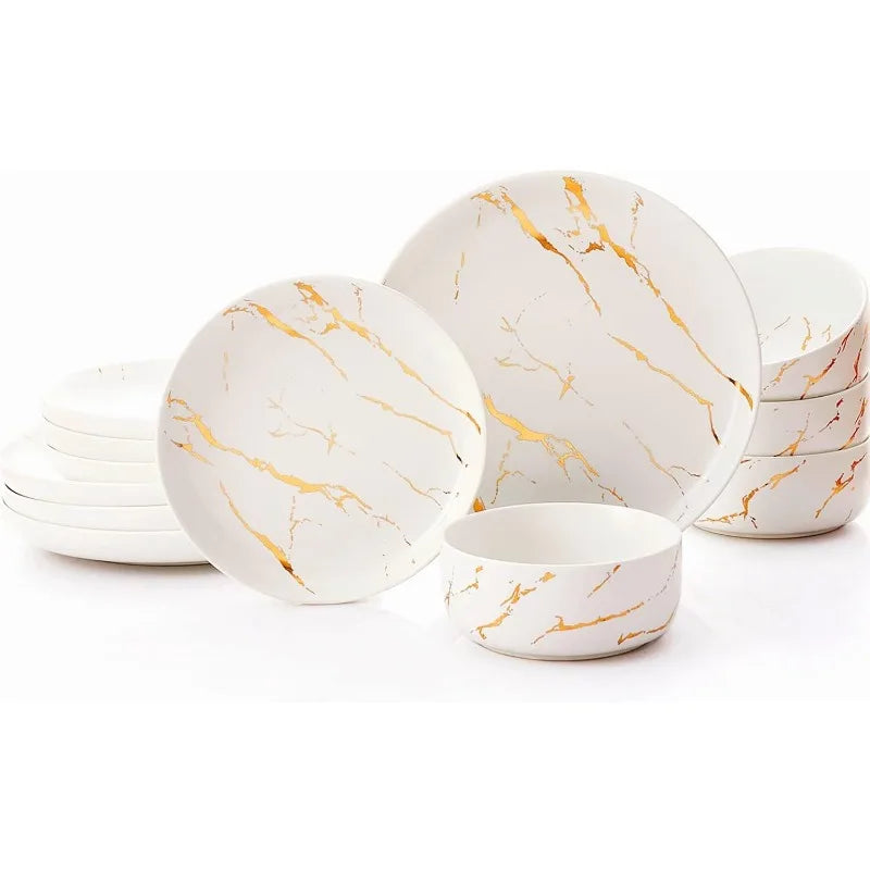 Cravinc 12-Piece Gold Splash Marble Porcelain Dinnerware Set for 4