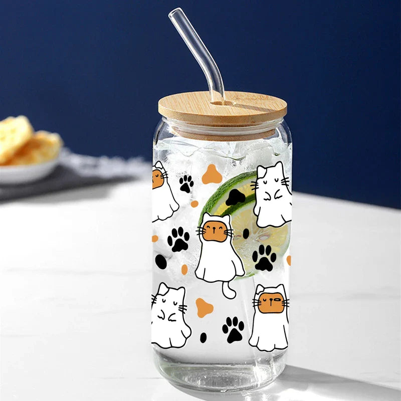 Cravinc 16oz Cute Cat Glass Mason Can with Bamboo Lid & Straw, Halloween Gifts