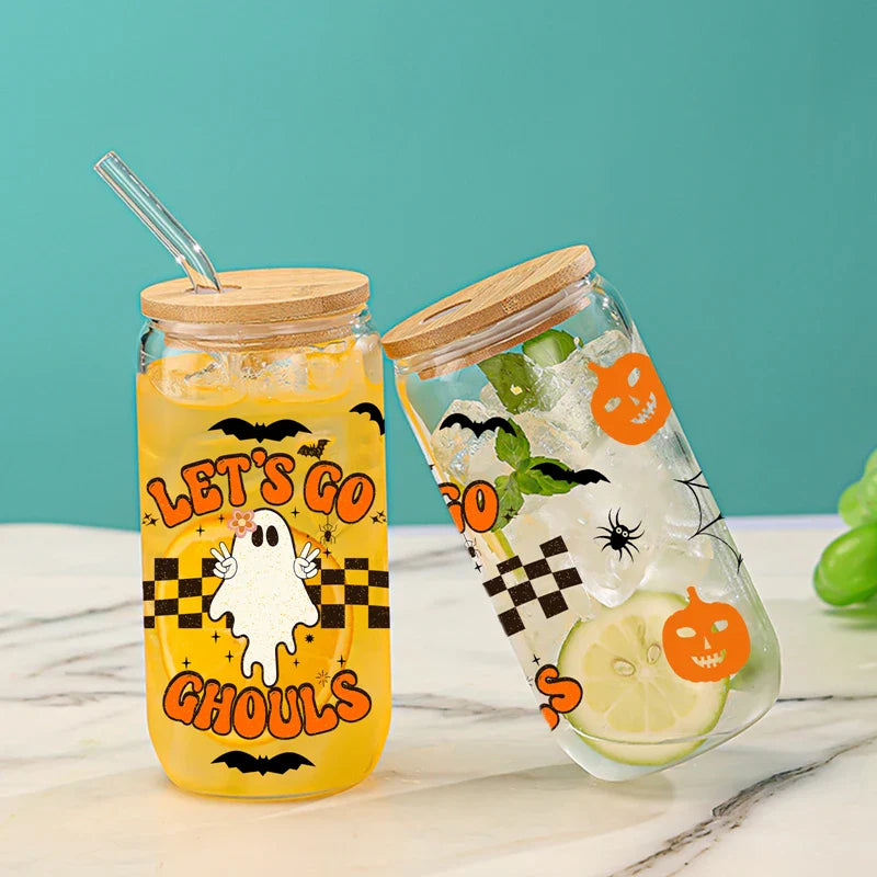 Cravinc 16oz Pumpkin Glass Cup with Bamboo Lid & Straw Heat-Resistant Halloween Gift