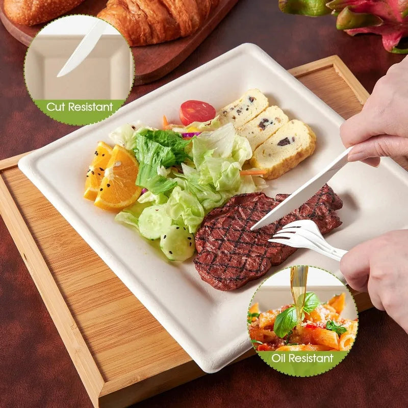 Cravinc 10" Compostable Square Paper Plates, Heavy Duty Biodegradable Disposable Plates