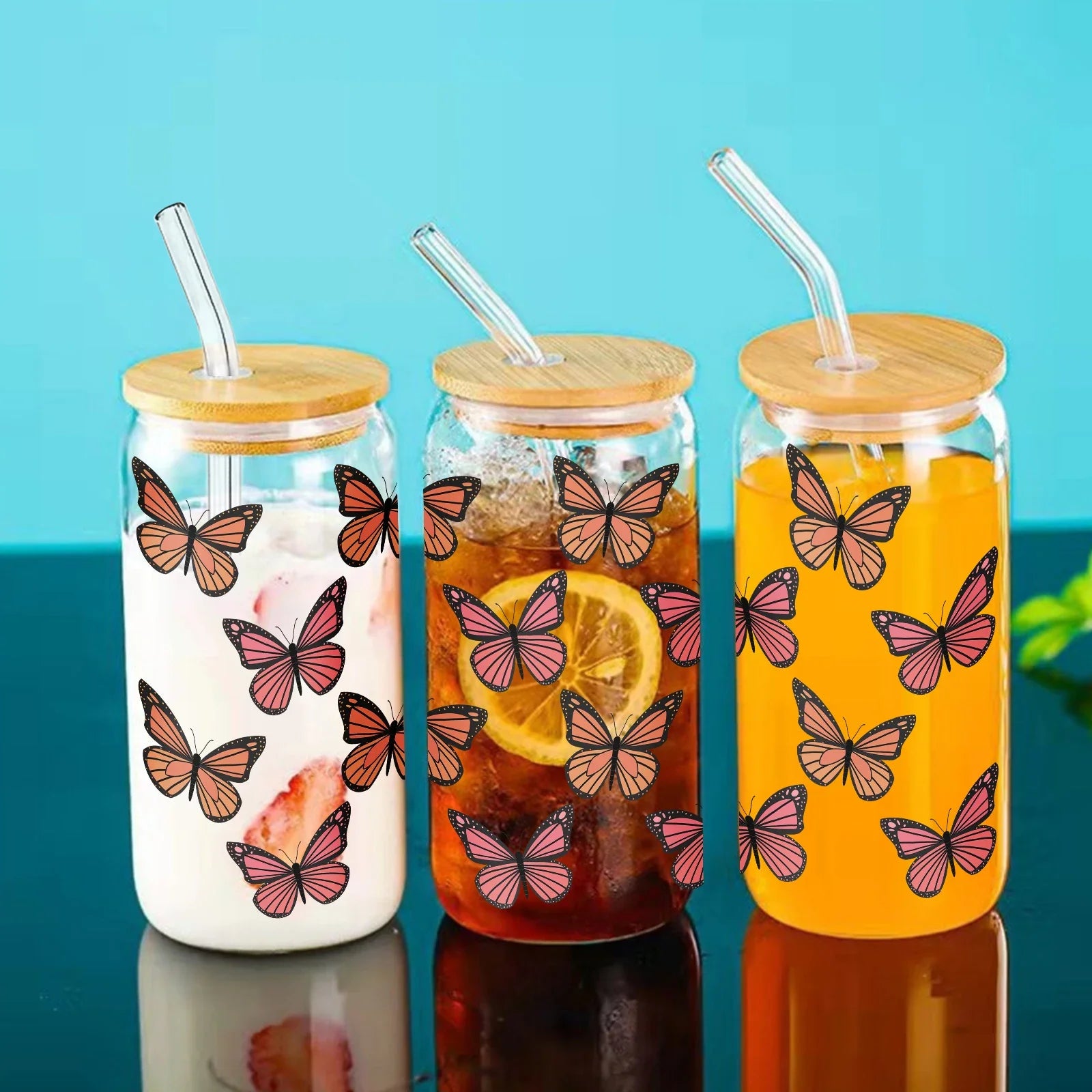 Cravinc 16oz Butterfly Pattern 3D Glass Cup with Bamboo Lid & Straw