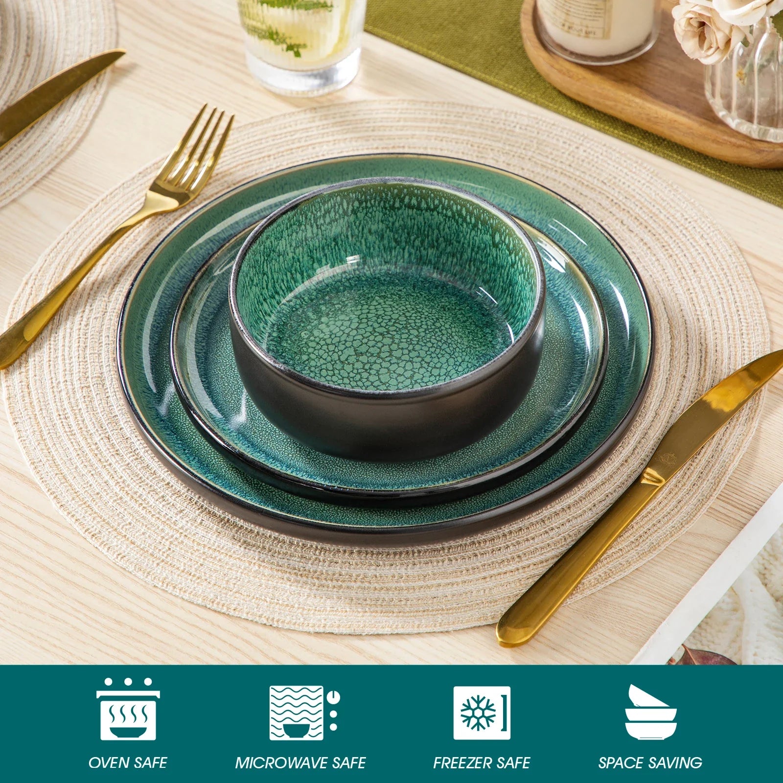 Cravinc 12/24 Piece Green Reactive Glaze Ceramic Dinner Set with Mediterranean Style