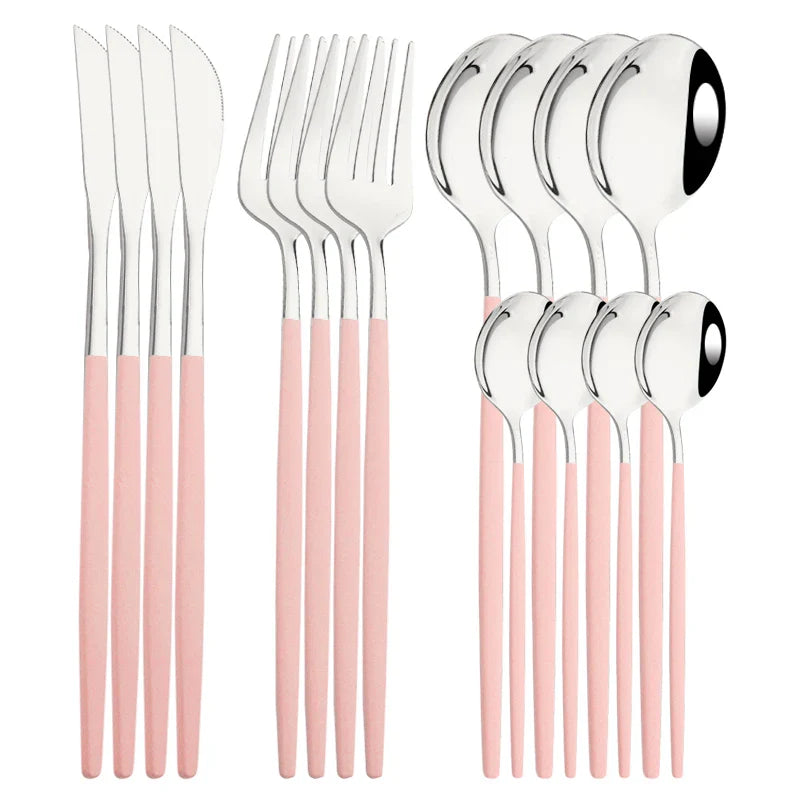 Cravinc 16-Piece Red Silver Stainless Steel Cutlery Set Fork Knife Spoon Dinnerware