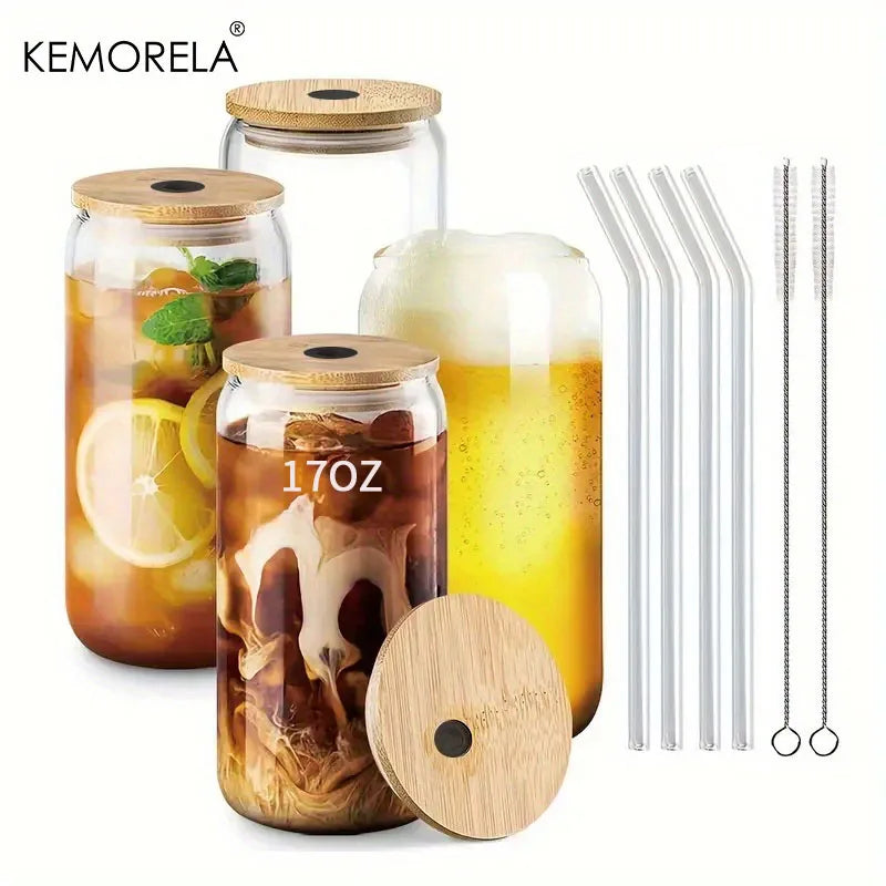 Cravinc 17oz Glass Drinking Cups Set with Glass Straw - 500ml Beer & Coffee Tumbler