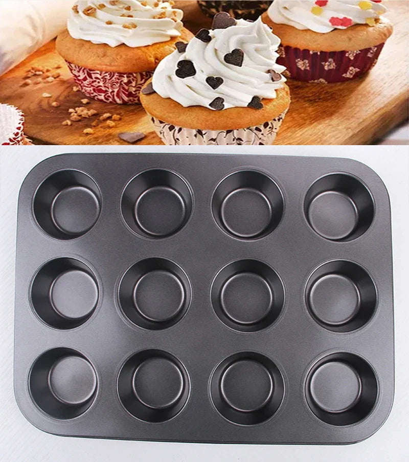 Cravinc 12 Hole Cupcake Baking Mold Carbon Steel Bakeware Muffin Tray Kitchen Accessories