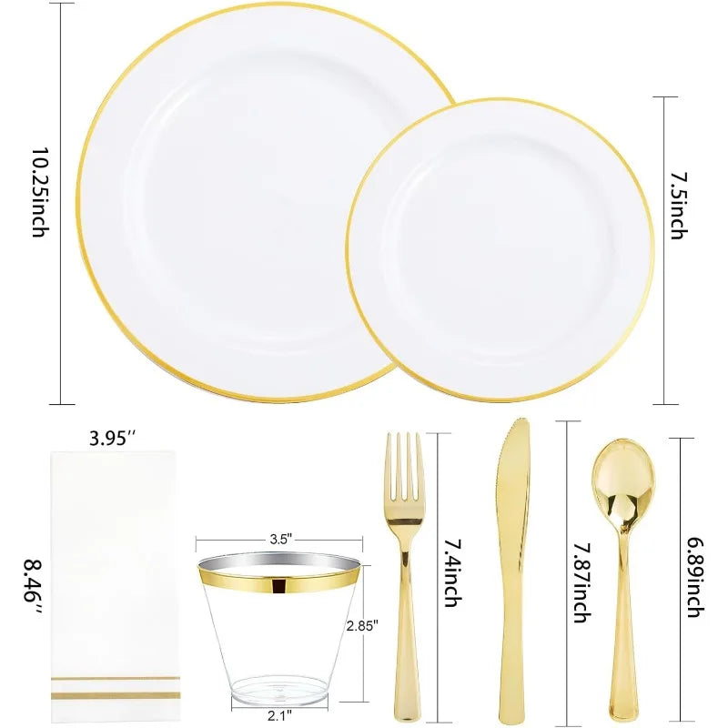 Clear & Gold Plastic Dinnerware Set for 50 Guests by Cravinc - Disposable Plates & Napkins