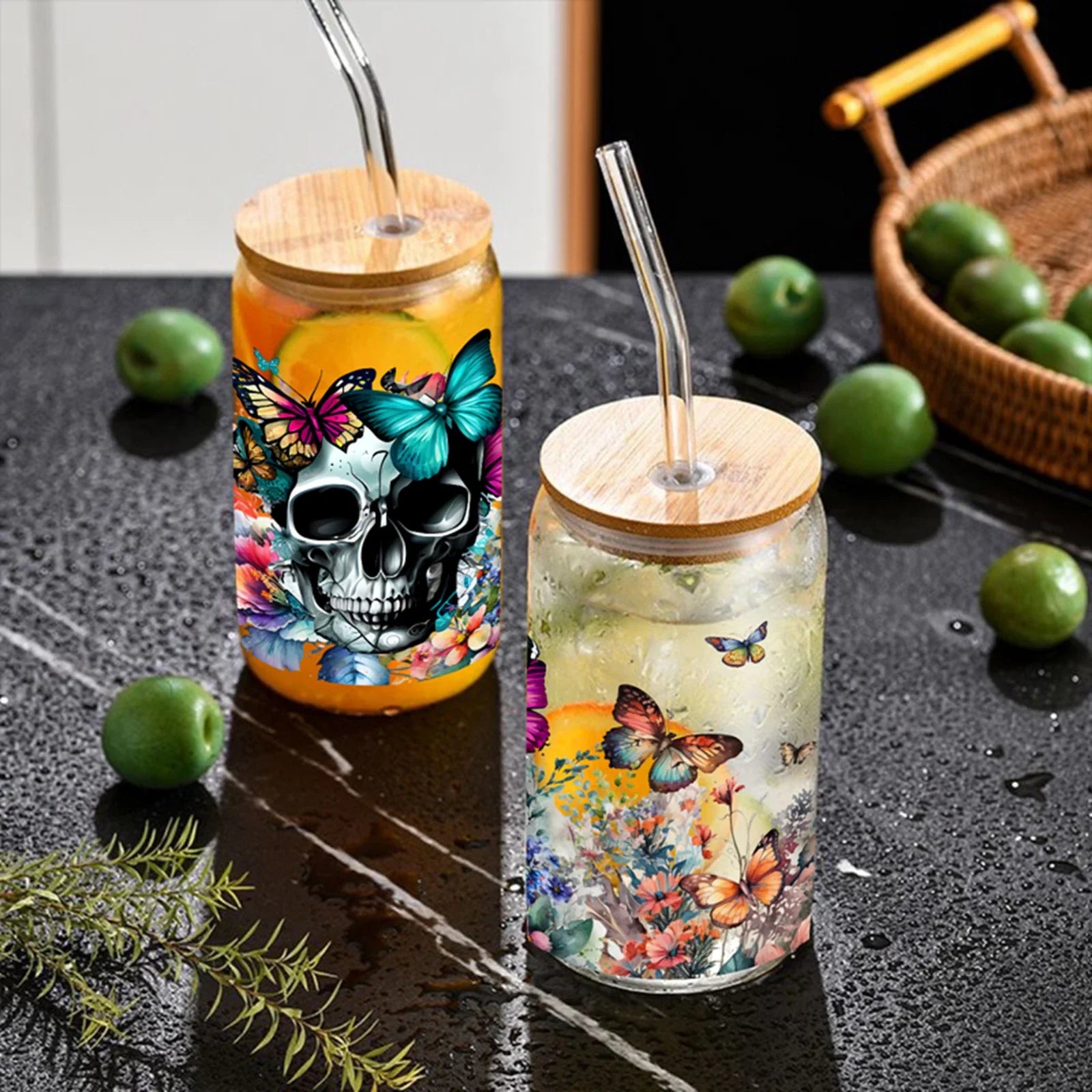 Cravinc 16oz Butterfly Skull Glass with Bamboo Lid & Straw - Halloween Drinkware